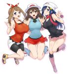  3girls bare_shoulders beanie bike_shorts blue_eyes blue_hair breasts brown_hair commentary_request dawn_(pokemon) hat head_scarf highres jumping large_breasts leaf_(pokemon) looking_at_viewer may_(pokemon) multiple_girls open_mouth pokemon pokemon_(game) pokemon_dppt pokemon_frlg pokemon_oras seikonsuco2 skirt smile teeth upper_teeth_only 
