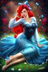  1girl ariel_(disney) artist_name ayya_sap barefoot blue_bow blue_butterfly blue_dress blue_eyes blush bow bug butterfly daisy dress european_clothes flower grass hair_bow long_hair looking_at_viewer outdoors patreon_username red_flower red_hair solo the_little_mermaid watermark web_address 