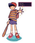 1boy artist_name backpack bag baseball_bat baseball_cap black_eyes black_hair blue_shorts blunt_bangs child closed_mouth commentary cosplay english_commentary english_text full_body hat highres holding holding_baseball_bat kageyama_shigeo kaogens male_child male_focus mob_psycho_100 mother_(game) mother_2 ness_(mother_2) ness_(mother_2)_(cosplay) outstretched_arm red_footwear red_headwear shirt shoes short_hair shorts simple_background sneakers socks solo standing striped striped_shirt white_background white_socks 
