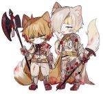  1boy 1girl :&lt; ahoge animal_ears armored_boots ascot axe battle_axe belt black_ascot blonde_hair blood blood_in_hair blood_on_clothes blood_on_face blood_on_weapon boots brown_belt cape cat_boy cat_ears cat_girl cat_tail chibi closed_mouth commentary_request fang gauntlets gloves grey_gloves grey_hair hair_over_one_eye highres holding holding_axe holding_nail holding_weapon kemonomimi_mode kromer_(limbus_company) limbus_company long_sleeves migishita multicolored_hair nail open_mouth oversized_object pants project_moon sanpaku shirt short_hair simple_background sinclair_(limbus_company) single_gauntlet sketch smile tail wax_seal weapon white_background white_cape white_pants white_shirt yellow_belt yellow_eyes 