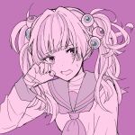  1girl bandaged_arm bandaged_neck bandages crying crying_with_eyes_open eyeball_hair_ornament freckles komiya_chie kyuzechu long_sleeves messy_hair multicolored_hair ookami_game_(studio_wasabi) open_mouth pink_eyes pink_hair purple_background school_uniform serafuku sketch solo tears twintails white_hair 