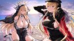  2girls absurdres azur_lane bare_shoulders beach bismarck_(azur_lane) bismarck_zwei_(azur_lane) black_dress black_footwear black_gloves black_headwear blonde_hair blue_eyes blush breasts cape cleavage closed_mouth cloud covered_navel cross dress embers english_commentary fake_horns gloves habit hair_between_eyes hat high_heels highres horns implacable_(azur_lane) iron_cross large_breasts long_bangs long_hair long_sleeves looking_at_viewer military_uniform multiple_girls nuebunny nun ocean orange_eyes outdoors peaked_cap red_cape sand short_dress sideboob sitting thighhighs torn_clothes uniform veil water white_thighhighs 