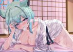  1girl absurdres animal_ears bath_yukata blue_archive blue_halo blush breasts cleavage closed_mouth collarbone condom condom_wrapper green_hair halo highres japanese_clothes kimono large_breasts mouth_hold official_alternate_costume purple_eyes shigure_(blue_archive) shigure_(hot_spring)_(blue_archive) short_hair shouji sliding_doors solo tarakopng weasel_ears wet yukata 
