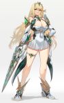  1girl absurdres blonde_hair breasts brown_eyes chest_jewel cleavage closed_mouth commentary_request earrings full_body gloves grey_background headpiece highres holding holding_sword holding_weapon jewelry large_breasts legs long_hair looking_at_viewer mythra_(xenoblade) negresco simple_background solo standing swept_bangs sword thigh_strap thighs tiara weapon white_gloves xenoblade_chronicles_(series) xenoblade_chronicles_2 
