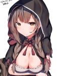  1girl absurdres black_capelet braid breasts brown_eyes brown_hair capelet character_name cleavage dated frilled_shirt frills highres hood hooded_capelet kantai_collection large_breasts mok4suke shinshuu_maru_(kancolle) shirt solo twin_braids upper_body 