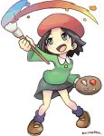 adeleine beret black_hair brown_footwear commentary_request full_body hat highres holding holding_paintbrush kirby_(series) kirby_64 looking_up onimotsu_matarou open_mouth paintbrush palette_(object) red_headwear short_hair signature simple_background skirt smile solo white_background 