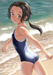 1girl ass bare_arms bare_shoulders beach black_hair blue_one-piece_swimsuit breasts closed_mouth commentary_request competition_school_swimsuit cowboy_shot expressionless forehead from_side highres looking_at_viewer looking_to_the_side low_ponytail medium_hair mu-pyon one-piece_swimsuit orange_eyes original outdoors paid_reward_available sand school_swimsuit small_breasts solo swimsuit tan tareme walking water waves 
