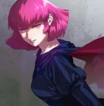  1girl artist_logo black_cape black_shirt breasts cape commentary_request from_side gundam haman_karn highres long_sleeves looking_at_viewer medium_breasts parted_lips pink_hair purple_eyes shirt short_hair smile solo teeth turning_head upper_body ususio_11 v-shaped_eyebrows zeta_gundam 