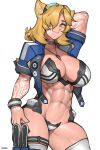  1girl abs absurdres animal_ears arm_behind_head arm_up blonde_hair borrowed_character breasts cat_ears collarbone commission goggles goggles_on_head green_eyes hair_over_one_eye highres jewelry large_breasts looking_at_viewer muscular muscular_female navel necklace original roadi3 short_hair solo 
