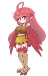  1girl absurdres ahoge animal_ears bare_shoulders bird_ears bird_legs black_eyes blush breasts brown_tank_top coco_(eogks) feathers harpy heart highres huge_ahoge large_breasts long_hair looking_at_viewer midriff monster_girl nn_(eogks) original red_feathers red_hair red_wings sidelocks simple_background skirt smile solo talons tank_top white_background winged_arms wings yellow_skirt 