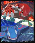  black_sclera blue_skin claws colored_sclera colored_skin eruption fire green_skin groudon highres kochi8i kyogre no_humans open_mouth outdoors pokemon pokemon_(creature) rayquaza red_skin sharp_teeth spikes standing teeth underwater water white_skin yellow_eyes 