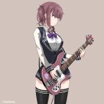  1girl bass_guitar black_jacket black_skirt black_thighhighs blazer blunt_bangs bow bowtie breasts brown_background carrying_over_shoulder cevio commentary cowboy_shot earrings highres instrument jacket jewelry light_smile looking_to_the_side medium_breasts miniskirt music natsuki_karin playing_instrument pleated_skirt purple_bow purple_bowtie purple_eyes red_hair school_uniform shirt short_hair short_twintails shoulder_strap sidelocks skindentation skirt solo standing syakesoko synthesizer_v thighhighs twintails twitter_username white_shirt zettai_ryouiki 
