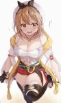  1girl atelier_(series) atelier_ryza atelier_ryza_1 belt blurry blush boots breasts brown_eyes brown_hair chigusa_minori cleavage commentary_request depth_of_field detached_sleeves feet_out_of_frame gloves hair_ornament hairclip highres jewelry large_breasts looking_at_viewer midriff_peek navel necklace notice_lines open_mouth red_shorts reisalin_stout short_hair short_shorts shorts simple_background single_glove skindentation solo star_(symbol) teeth thigh_boots thighhighs thighs translated white_background white_headwear 