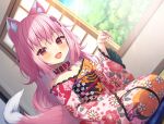  absurdres animal_ears asa_no_ha_(awayuki) collar highres japanese_clothes kimono non-web_source pink_hair pink_kimono print_kimono red_eyes tail 