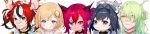 5girls aged_down aged_up animal_ears animal_on_head black_hair blonde_hair blue_eyes blush ceres_fauna close-up dice_hair_ornament earrings english_commentary flower green_hair hair_flower hair_ornament hakos_baelz heterochromia highres hololive hololive_english horns irys_(hololive) jewelry looking_at_viewer mole mole_under_eye monocle_hair_ornament mouse_ears mouse_girl mouse_on_head mr._squeaks_(hakos_baelz) multicolored_hair multiple_girls ninomae_ina&#039;nis_(artist) old old_woman on_head ouro_kronii purple_eyes red_hair simple_background smile streaked_hair twintails virtual_youtuber watson_amelia white_background white_hair wide_image yellow_eyes 