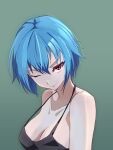  1girl arms_at_sides ayanami_rei bare_shoulders black_shirt blue_hair breasts cleavage collarbone commentary from_side green_background hair_between_eyes halterneck highres light looking_at_viewer looking_to_the_side loose_hair_strand medium_breasts neon_genesis_evangelion noyama_takenoko one_eye_closed red_eyes shirt short_hair sideboob simple_background sleeveless smile solo upper_body upturned_eyes v-shaped_eyebrows 