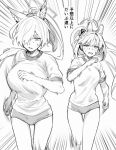  2girls animal_ear_fluff animal_ears blue_archive bouncing_breasts breasts buruma fake_animal_ears greyscale hair_over_one_eye halo kanna_(blue_archive) large_breasts long_hair medium_breasts miyako_(blue_archive) monochrome multiple_girls ponytail rabbit_ears running shirt short_sleeves simple_background sweat translation_request tsuno_(tnngur) very_long_hair 