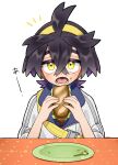  1boy ahoge black_hair buckle colored_inner_hair commentary_request crossed_bangs food food_on_face hair_between_eyes hairband highres holding holding_food jacket kieran_(pokemon) kyouka._(kyouka) lettuce lower_teeth_only male_focus multicolored_hair notice_lines open_mouth plate pokemon pokemon_(game) pokemon_sv sandwich skewer solo strap table teeth tongue white_background white_jacket yellow_eyes yellow_hairband 
