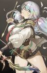  1girl arrow_(projectile) belt belt_pouch black_background black_skirt blue_eyes bow_(weapon) breasts bruise cleavage cupitan_(granblue_fantasy) detached_collar feathers granblue_fantasy grey_hair hair_ornament hairclip hashibiro_kou_(garapiko_p) highres holding holding_arrow holding_bow_(weapon) holding_weapon injury jacket large_breasts long_hair long_sleeves looking_at_viewer low_twintails miniskirt open_clothes open_jacket open_mouth pouch shirt skirt sleeves_past_wrists solo twintails weapon white_jacket white_shirt 