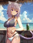  1girl :3 absurdres ahoge animal_collar animal_ear_fluff animal_ears annmitsu114 armpit_peek beach bikini black_bikini breasts cat_ears cat_tail collar eyelashes hair_between_eyes highres hololive large_breasts navel nekomata_okayu purple_eyes short_hair side-tie_bikini_bottom solo swimsuit tail tropical_drink virtual_youtuber 