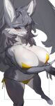  anthro bikini blush breasts canid canine canis cervina clothing female fluffy fluffy_tail fur grey_body grey_fur hi_res mammal simple_background solo swimwear tail wolf woobin94 yellow_eyes 