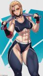  1girl abs absurdres blonde_hair blue_eyes cammy_white highres muscular muscular_female scar scar_on_face solo stopu street_fighter street_fighter_6 sweat tank_top thick_thighs thighs toned towel towel_around_neck 