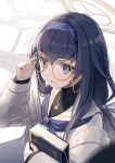  1girl adjusting_eyewear black_hair blue_archive blue_eyes blush book commentary_request glasses hair_ornament halo headband highres jewelry long_hair looking_at_viewer necklace school_uniform simple_background solo ui_(blue_archive) white_background xaiqi 