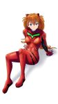  1girl absurdres arm_support blue_eyes bodysuit breasts closed_mouth frown full_body highres interface_headset long_hair looking_at_viewer marco_olier medium_breasts neon_genesis_evangelion orange_hair pilot_suit plugsuit red_bodysuit simple_background sitting solo souryuu_asuka_langley white_background 
