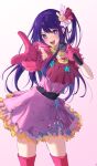  1girl :d dress feint721 foreshortening gloves hair_between_eyes hair_ornament highres hoshino_ai_(oshi_no_ko) long_hair looking_at_viewer oshi_no_ko pink_dress pink_gloves pointing pointing_at_viewer purple_eyes purple_hair rabbit_hair_ornament ribbon side_ponytail smile solo star-shaped_pupils star_(symbol) star_in_eye symbol-shaped_pupils symbol_in_eye white_background 