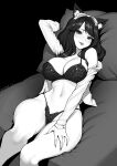  1girl animal_ear_fluff animal_ears artist_name bare_shoulders bikini brassica breasts cleavage commission greyscale hair_ribbon highres large_breasts leg_grab long_eyelashes long_hair monochrome navel open_clothes open_shirt original pillow ribbon shirt solo swimsuit 