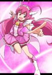  1girl antenna_hair bike_shorts boots bow bracelet brooch choker cure_happy dress foreshortening frilled_skirt frills head_wings highres hoshizora_miyuki jewelry leg_up long_hair magical_girl open_mouth outstretched_arms pink_background pink_bow pink_dress pink_eyes pink_footwear pink_hair pointing precure skirt smile_precure! solo spread_arms tiara twintails uraki wings 
