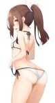  1girl ass bikini breasts brown_eyes brown_hair cowboy_shot from_behind highres kantai_collection looking_at_viewer ponytail side-tie_bikini_bottom simple_background small_breasts solo swimsuit white_background white_bikini zarashi zuihou_(kancolle) 