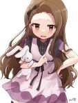  1girl absurdres black_bow black_hairband black_ribbon blush bow breasts brown_eyes brown_hair dress dress_bow hairband hand_on_own_hip hand_up highres holding holding_stuffed_toy idolmaster idolmaster_(classic) idolmaster_million_live! idolmaster_million_live!_theater_days long_hair looking_at_viewer minase_iori nnnn open_mouth pink_dress red_eyes ribbon see-through see-through_sleeves short_sleeves signature simple_background small_breasts solo stuffed_animal stuffed_rabbit stuffed_toy upper_body usa-chan_(idolmaster) white_background 