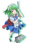  1girl apron black_footwear blue_dress blue_eyes dress frilled_sleeves frills green_hair gyouza_(mhea5724) highres holding holding_mop maid maid_apron maid_headdress medium_hair mop open_mouth ruukoto shoes short_sleeves simple_background socks solo touhou touhou_(pc-98) waist_apron white_apron white_background white_socks 