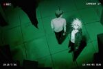  2boys black_pants boleum_(dgrpluna) brown_hair camera danganronpa_(series) danganronpa_2:_goodbye_despair dated from_above green_jacket hair_between_eyes highres hinata_hajime holding_hands hood hooded_jacket implied_yaoi jacket komaeda_nagito long_sleeves looking_at_viewer looking_up male_focus messy_hair multiple_boys open_clothes open_jacket pants print_shirt recording shirt shoes short_hair short_sleeves tile_floor tiles timestamp white_hair white_shirt 