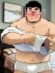  1boy bara beard_stubble bedroom belly black_hair blush briefs bulge chest_hair cowboy_shot flying_sweatdrops glasses goatee_stubble highres large_pectorals looking_at_viewer male_focus male_underwear muscular muscular_male original pectorals photo_background plump r.l_(2089184064) raised_eyebrows shirt short_hair shy sideburns_stubble solo square_face stomach sweat thick_eyebrows underwear undressing white_male_underwear white_shirt 