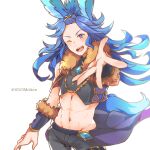  1boy ;d animal_ears blue_hair dragalia_lost highres long_hair looking_at_viewer male_focus navel one_eye_closed open_mouth orsem outstretched_hand pants po_pooch purple_eyes rabbit_ears smile solo tail twitter_username white_background 