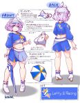  1girl adapted_costume alternate_costume blue_eyes blue_shirt blue_skirt breasts closed_mouth clothes_writing commentary_request crop_top full_body hensheru high_heels large_breasts letty_whiterock looking_at_viewer multiple_views navel purple_hair race_queen shirt short_hair skirt smile solo standing touhou translation_request umbrella visor_cap white_footwear white_headwear 