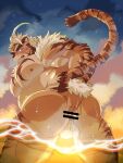 1boy ahoge anal_fingering animal_ears anus ass ass_focus bar_censor bara beach beard belly blue_eyes blush censored facial_hair feet_out_of_frame fingering from_behind furry furry_male highres hombre_tigre_(housamo) large_pectorals male_focus muscular muscular_male nipples partially_underwater_shot pectorals plump presenting shrimp_g_r18 solo tail_raised thick_eyebrows thick_thighs thighs tiger_boy tiger_ears tokyo_afterschool_summoners wet white_hair 