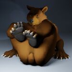  5_toes amber_eyes animal_humanoid artist_(arkadios) bear brown_body brown_fur butt censored censored_genitalia claws feet fur hi_res humanoid male mammal mammal_humanoid pawpads simple_background solo solo_focus tail toes ursid_humanoid ursine ursine_ears ursine_humanoid 