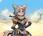  1girl android black_bodysuit bodysuit camille_(league_of_legends) character_request closed_mouth cowboy_shot cup day fake_horns gem holding holding_cup horns league_of_legends outdoors phantom_ix_row rope sand shoulder_plates solo 