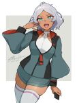  1girl ahoge aizaki_b asticassia_school_uniform border cellphone commentary cowboy_shot dark-skinned_female dark_skin green_eyes green_jacket green_shorts grey_background grey_hair gundam gundam_suisei_no_majo highres holding holding_phone jacket looking_at_viewer open_mouth outside_border partially_unzipped phone school_uniform secelia_dote short_hair short_shorts shorts signature skindentation smartphone solo standing teeth thighhighs thighs tongue tongue_out twitter_username upper_teeth_only white_border white_nails white_thighhighs 
