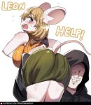  anthro ashley_graham_(resident_evil) big_breasts blonde_hair blue_eyes blush bottomwear breasts capcom carrying_over_shoulder clothing dialogue duo female fur hair hi_res hood human inner_ear_fluff looking_back male mammal mouse moushley murid murine open_mouth pink_nose princess_hinghoi resident_evil rodent scared skirt smile tail tuft white_body white_fur 