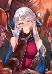  ... 1girl armor bare_shoulders blank_eyes blue_headwear blue_scarf breasts fire_emblem fire_emblem:_radiant_dawn grabbing_another&#039;s_chin grey_hair hand_on_another&#039;s_chin highres medium_breasts micaiah_(fire_emblem) multiple_boys revolverwing scarf solo_focus squishing yellow_eyes 