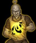  1boy beard biceps black_background clothes_writing commentary_request facial_hair glowing hands_up hunter_x_hunter isaac_netero long_earlobes looking_at_viewer male_focus monochrome muscular muscular_male old old_man outline shigumo_(shigeru) shirt short_sleeves simple_background solo topknot upper_body yellow_outline 