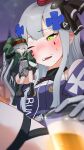  2girls alcohol beer black_footwear blush blush_stickers boots brown_eyes commission cup drinking_glass drunk ert_raitsui g11_(girls&#039;_frontline) g11_(mod3)_(girls&#039;_frontline) giant giantess girls&#039;_frontline green_eyes green_jacket grey_hair hair_ornament hat highres hk416_(girls&#039;_frontline) hk416_(mod3)_(girls&#039;_frontline) holding holding_cup jacket long_hair multiple_girls one_eye_closed open_clothes open_jacket open_mouth second-party_source size_difference skeb_commission smile sweat teardrop_facial_mark 