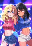  2girls andou_(girls_und_panzer) bc_freedom_(emblem) black_hair blonde_hair blue_eyes brown_eyes crop_top dark-skinned_female dark_skin denim denim_shorts emblem girls_und_panzer girls_und_panzer_saishuushou halterneck holding_hands interlocked_fingers interracial long_sleeves medium_hair messy_hair midriff multiple_girls navel oshida_(girls_und_panzer) salt-apple short_shorts shorts sweater yuri 