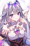  1girl absurdres chest_jewel detached_collar detached_sleeves gem grey_hair highres hololive hololive_english koseki_bijou long_hair purple_eyes purple_gemstone smile solo strapless virtual_youtuber xivi9 