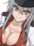  1girl black_headwear breasts brown_eyes cleavage closed_mouth collarbone collared_shirt dress_shirt gangut_(kancolle) grey_hair hair_between_eyes hat jacket kantai_collection large_breasts light_smile long_hair looking_at_viewer mattari_numenume one-hour_drawing_challenge open_clothes open_jacket red_shirt scar scar_on_cheek scar_on_face shirt simple_background solo twitter_username upper_body white_jacket 