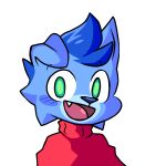  1:1 anonymous_artist anthro blue_body blue_fur blue_hair canid canine canis clothing cute_expression domestic_cat domestic_dog ears_down ears_up fanartist fangs felid feline felis fur green_eyes hair happy hi_res humanoid hybrid icon male mammal monsuilar_(character) pivoted_ears profile profile_view red_clothing red_sweater red_topwear solo sweater teeth topwear 